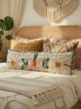 Vintage Long Lumbar Chenille 1950s Pillow in Green, Pink, Yellow